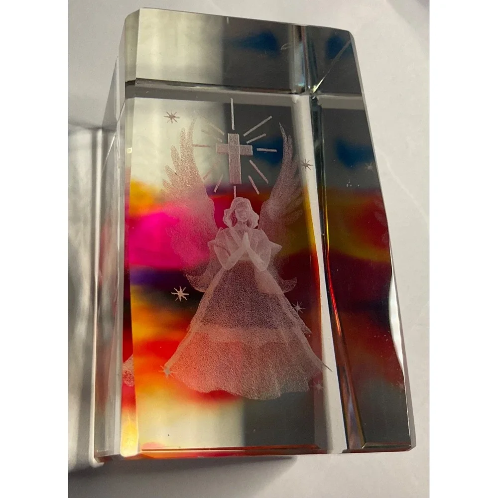 CRYSTAL GLASS ANGEL & CROSS SQUARE PAPERWEIGHT 3D LASER ETCHED RAINBOW COLORS